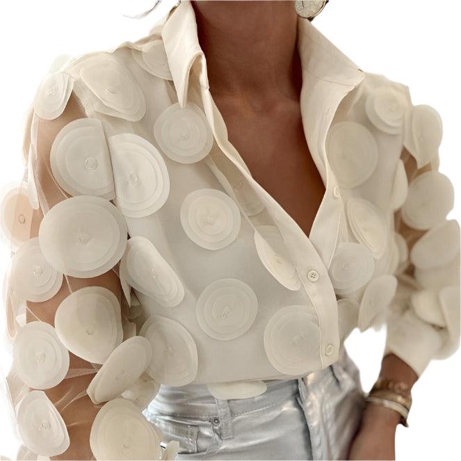 Aurélie | Blouse en Résille Brodée Transparente à Manches Longues