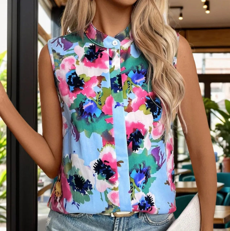 Camille | Blouse Sans Manches à Col Rond Imprimé