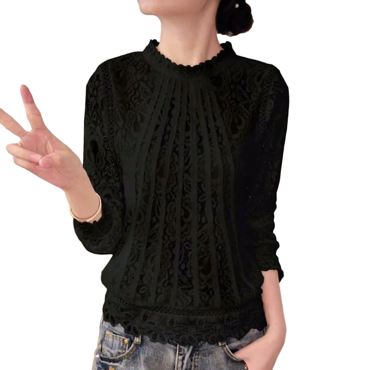 Léa | Blouse Femme en Chiffon et Dentelle à Manches Longues