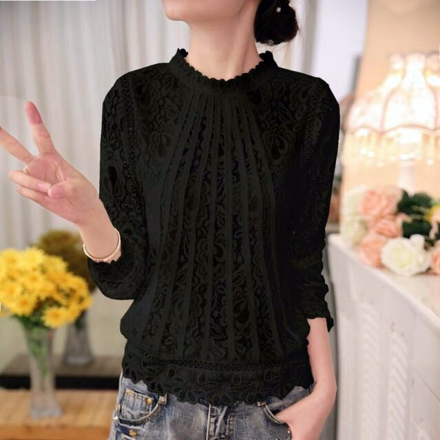 Léa | Blouse Femme en Chiffon et Dentelle à Manches Longues