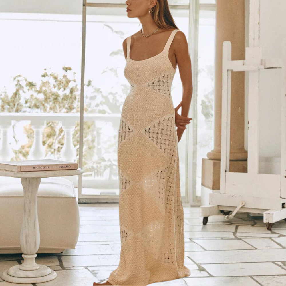 Noémie | Robe Longue Tricotée à Col Rond et Jupe Évasée