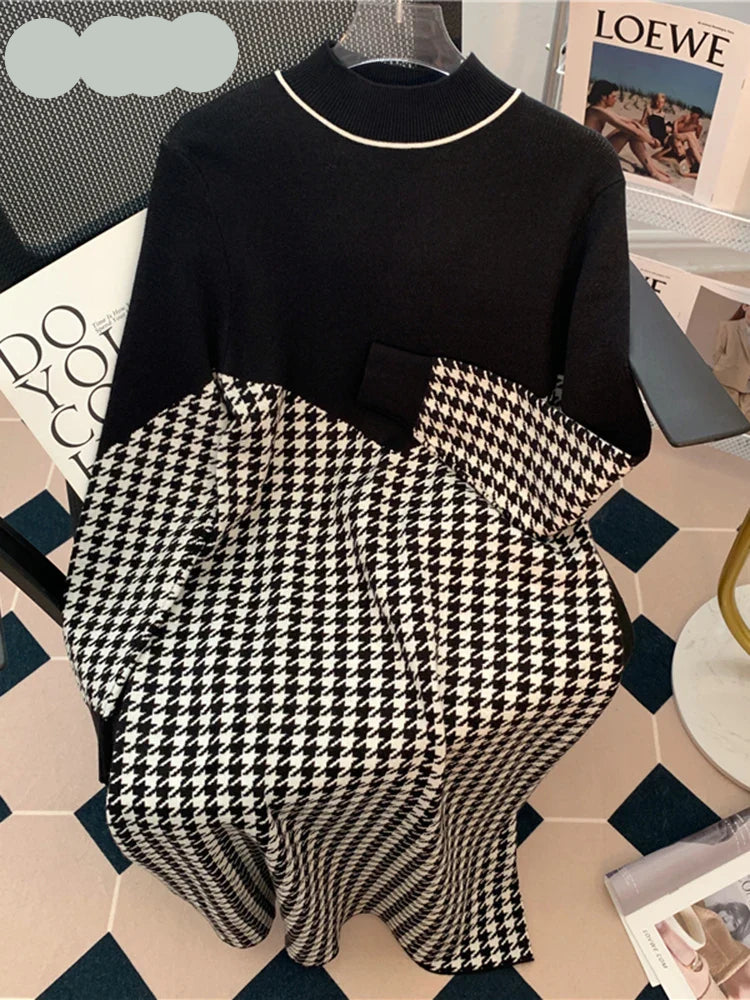 Amélie | Robe pull femme col roulé motif pied-de-poule