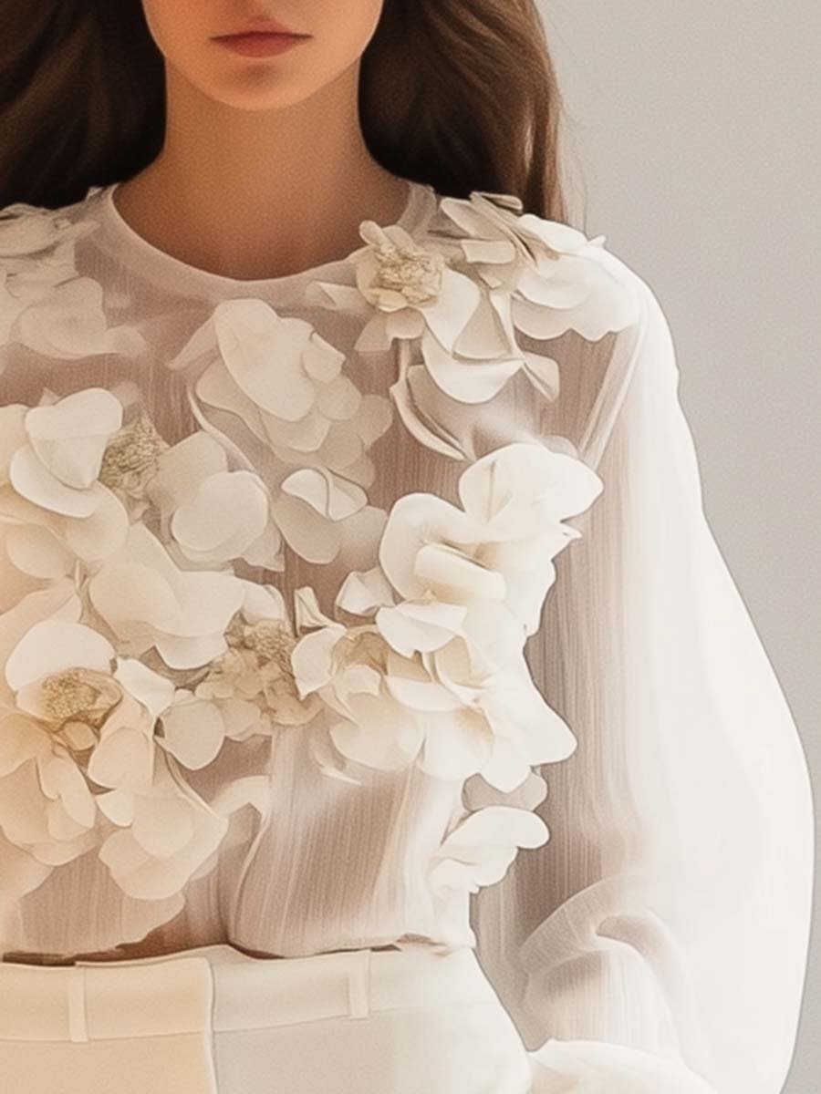 Isalène | Haut Chiffon Élégant à Motifs Floraux 3D pour Femmes