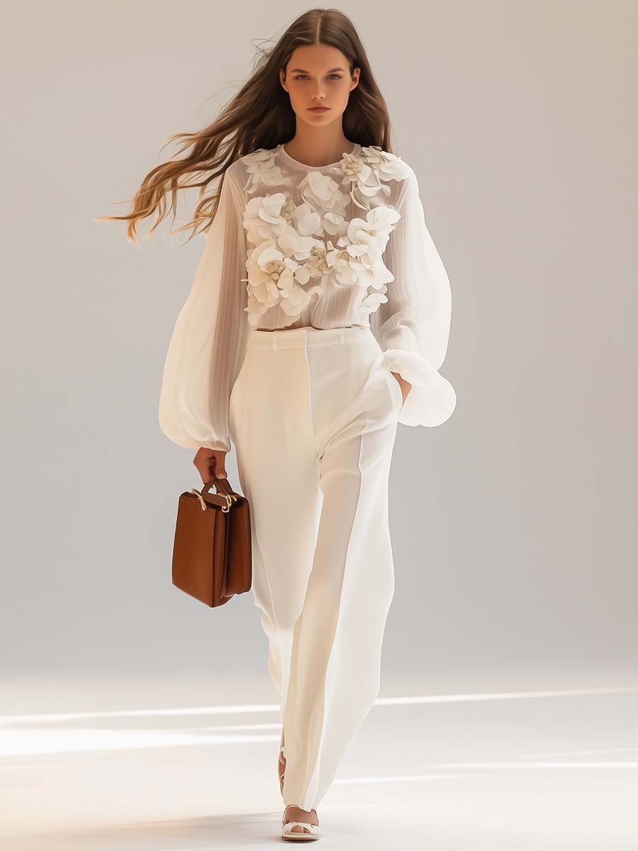 Isalène | Haut Chiffon Élégant à Motifs Floraux 3D pour Femmes