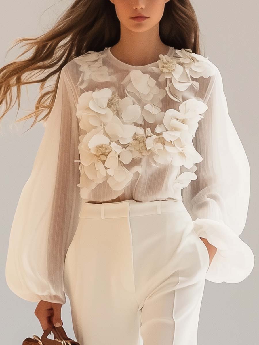 Isalène | Haut Chiffon Élégant à Motifs Floraux 3D pour Femmes
