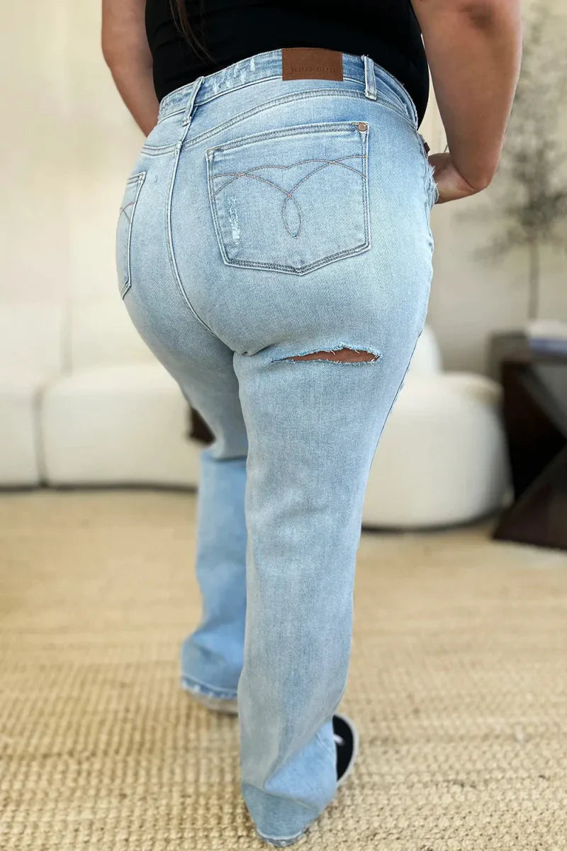 Élina | Jean Droit Slim Taille Haute avec Effet Usé