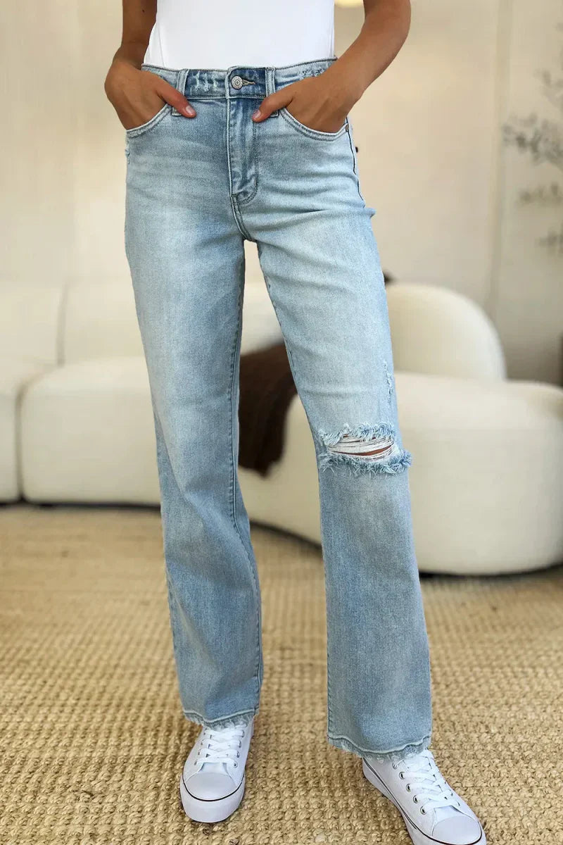Élina | Jean Droit Slim Taille Haute avec Effet Usé