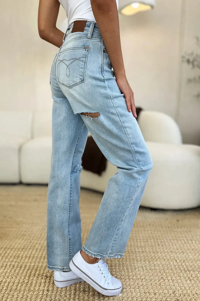 Élina | Jean Droit Slim Taille Haute avec Effet Usé