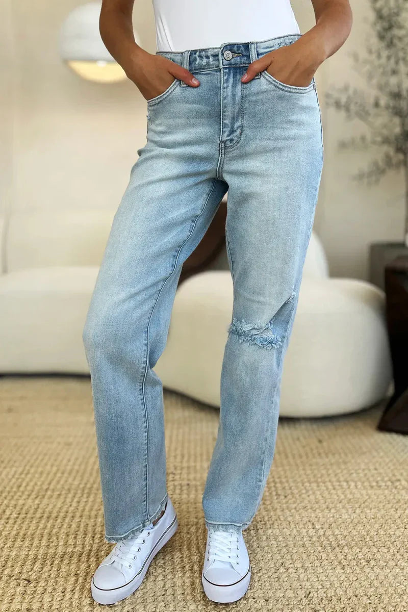 Élina | Jean Droit Slim Taille Haute avec Effet Usé
