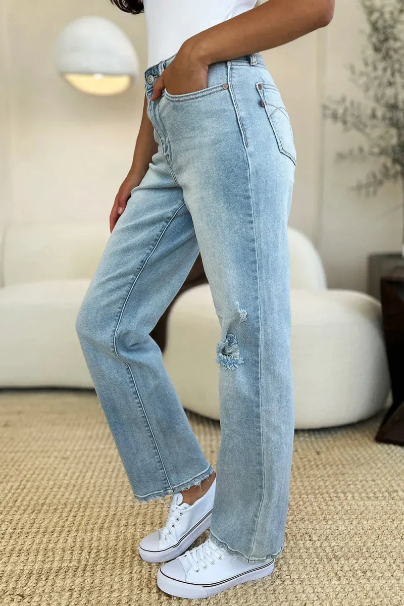 Élina | Jean Droit Slim Taille Haute avec Effet Usé