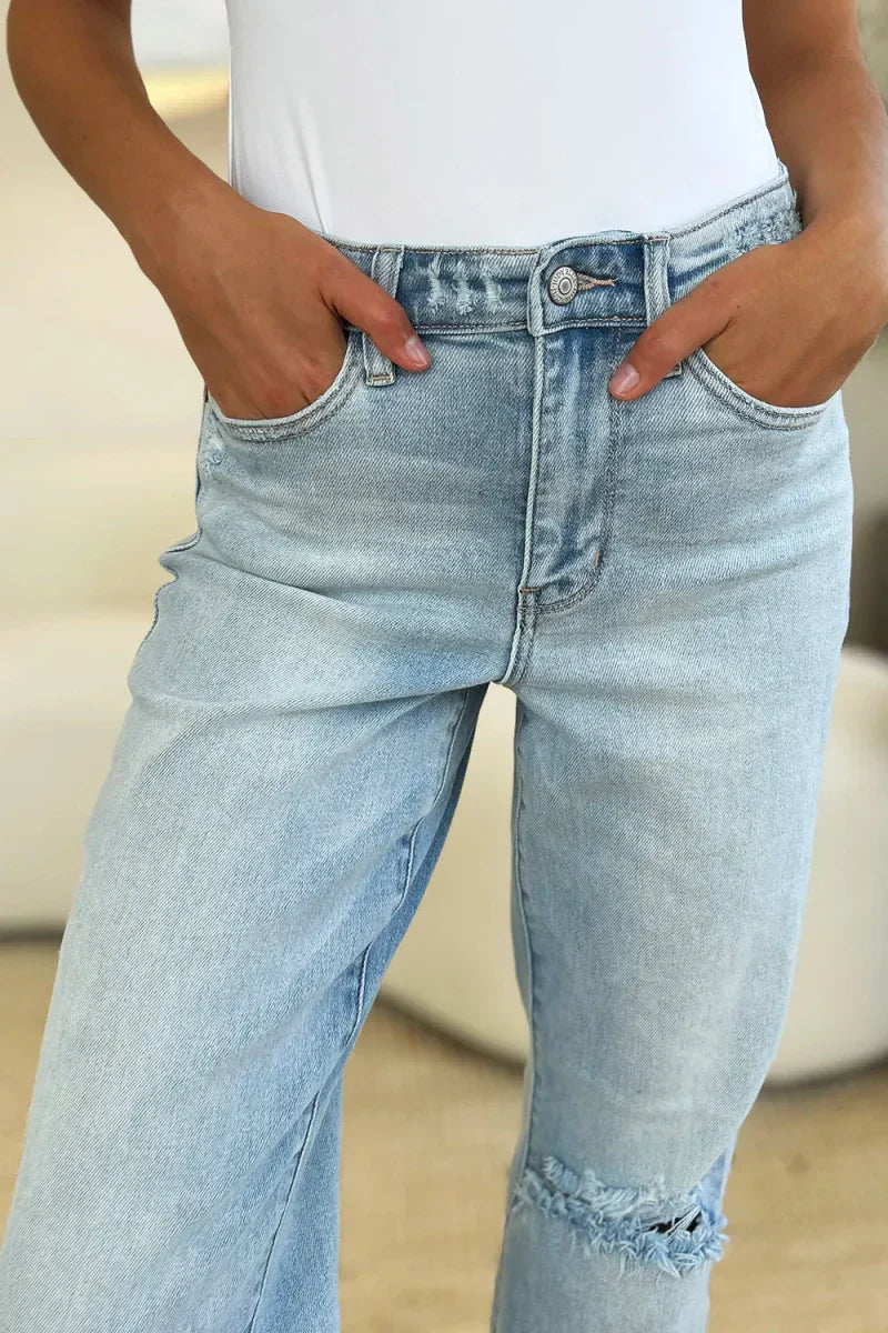 Élina | Jean Droit Slim Taille Haute avec Effet Usé