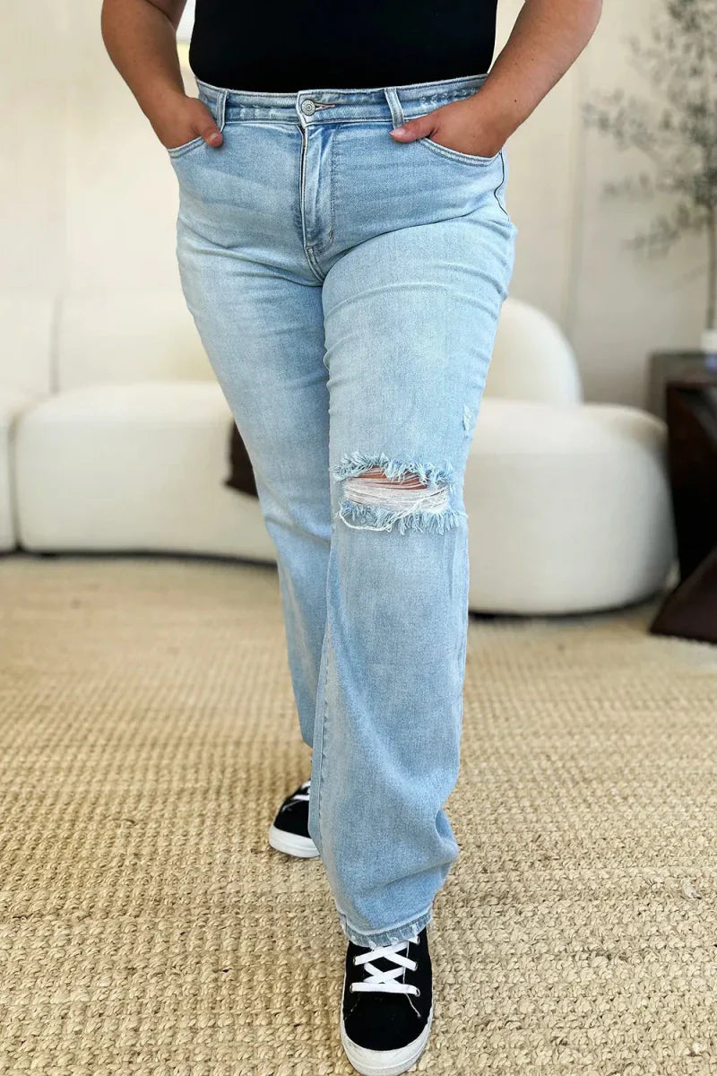 Élina | Jean Droit Slim Taille Haute avec Effet Usé