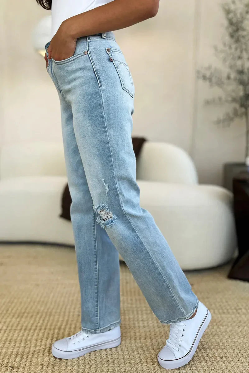 Élina | Jean Droit Slim Taille Haute avec Effet Usé
