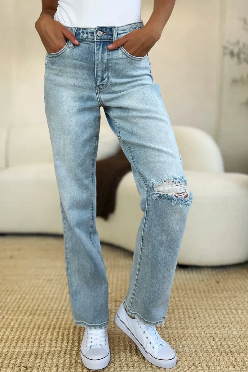 Élina | Jean Droit Slim Taille Haute avec Effet Usé