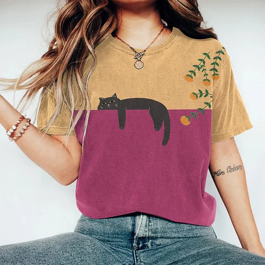 Élina | T-Shirt Bicolore pour Femme avec Motif Chat Illustré