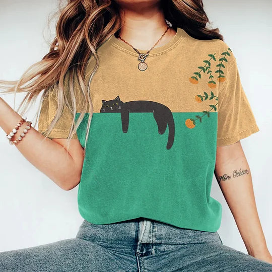 Élina | T-Shirt Bicolore pour Femme avec Motif Chat Illustré