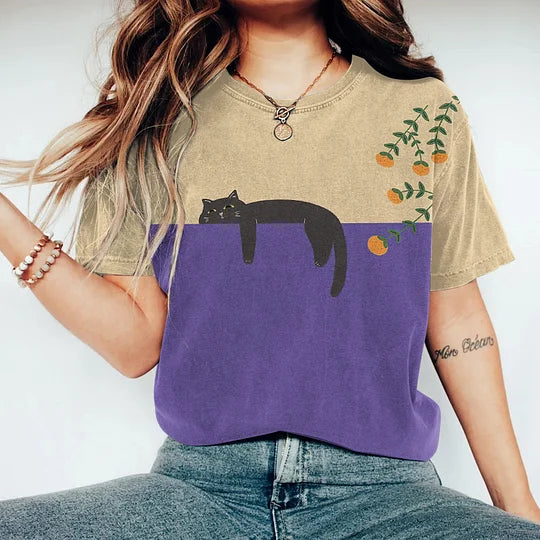 Élina | T-Shirt Bicolore pour Femme avec Motif Chat Illustré
