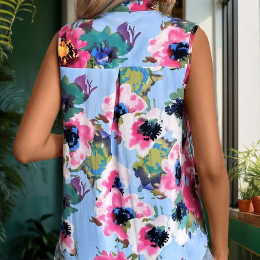 Camille | Blouse Sans Manches à Col Rond Imprimé