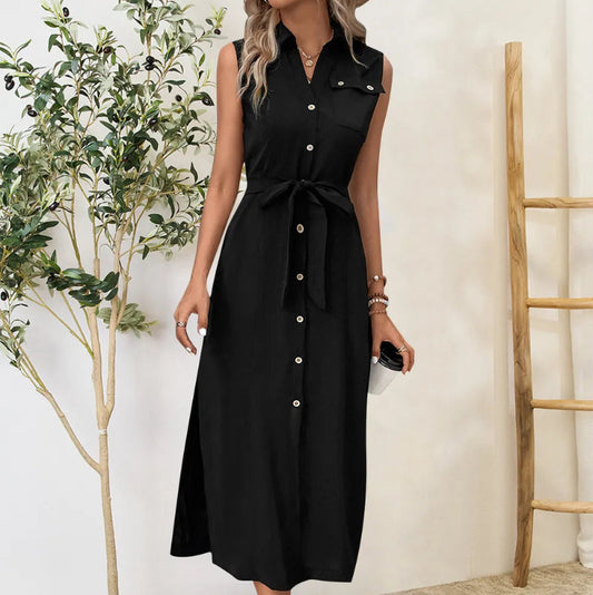 Eliane | Robe Midi Sans Manches à Boutons