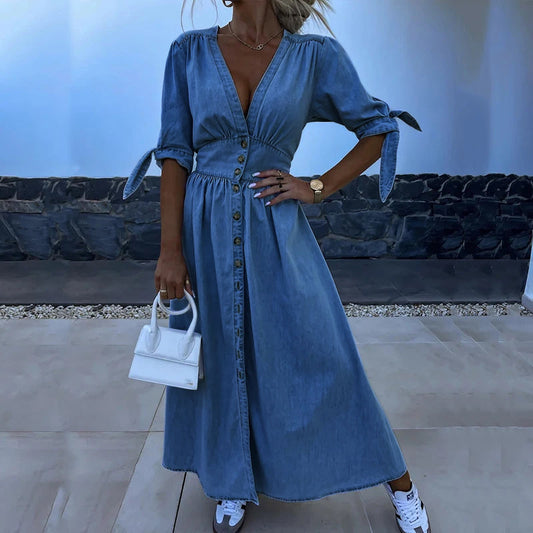 Alviera | Robe Longue en Denim à Boutons pour Femme