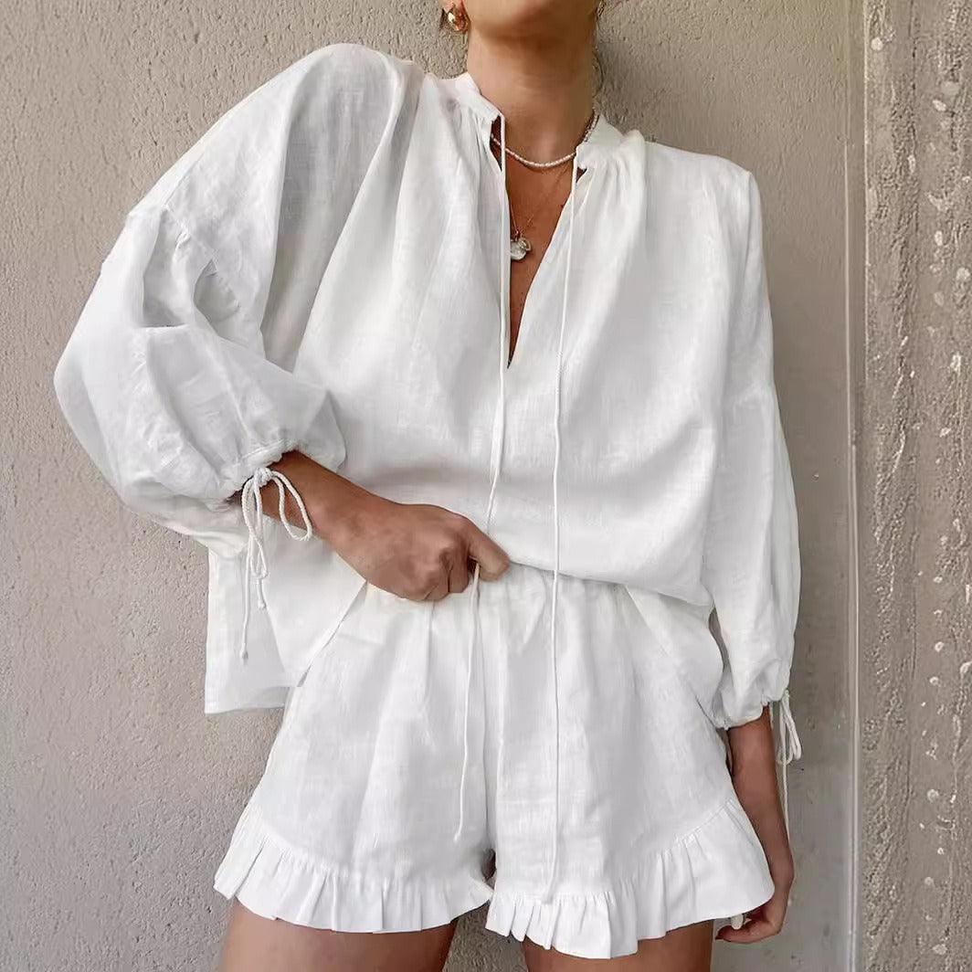 Chloé | Ensemble Décontracté Haut à Manches Lanternes et Short Taille Haute