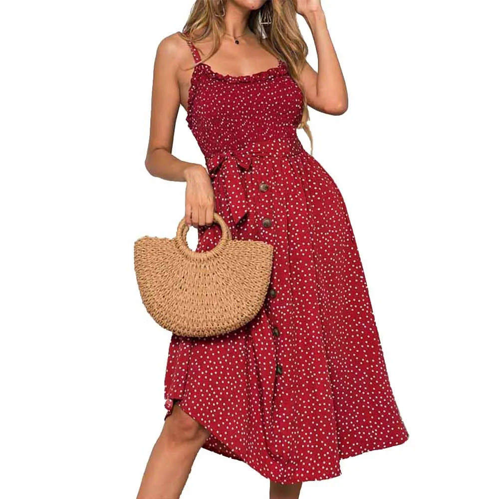 Sofia | Robe Longue à Pois avec Boutonnage Élégant