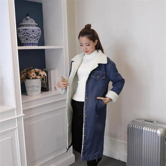 Céleste | Manteau long pour femme style denim avec doublure en peluche