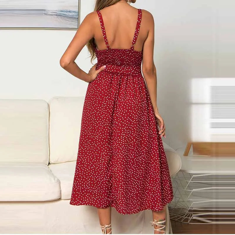 Sofia | Robe Longue à Pois avec Boutonnage Élégant