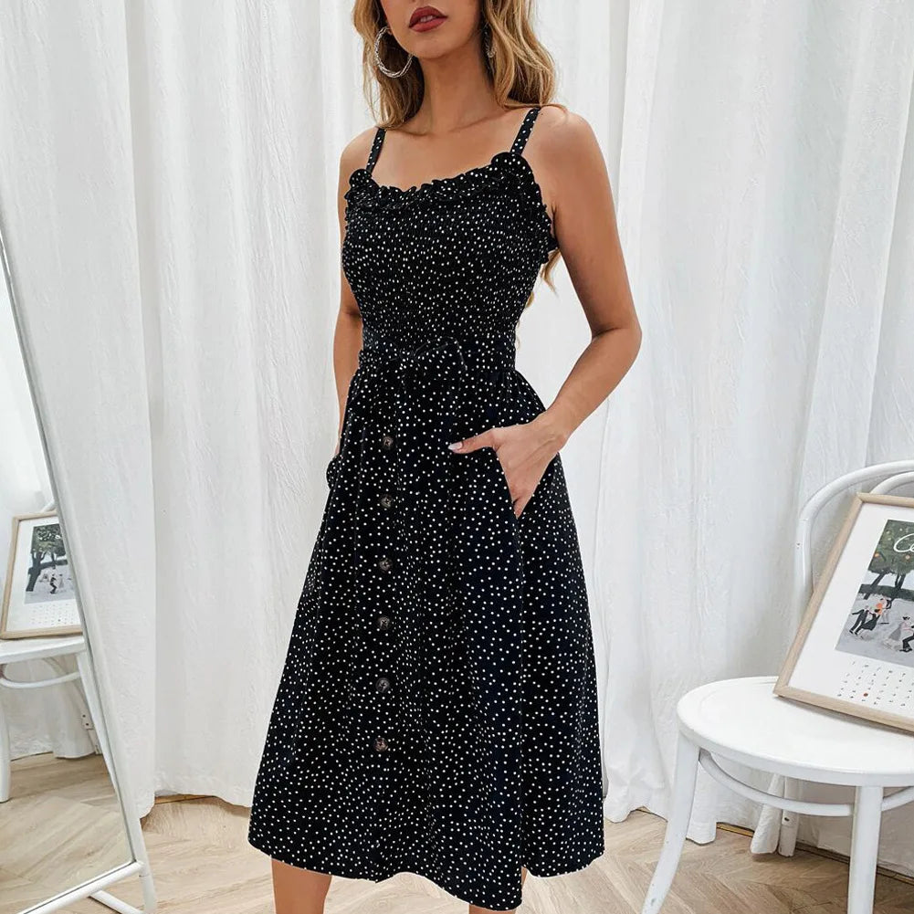 Sofia | Robe Longue à Pois avec Boutonnage Élégant