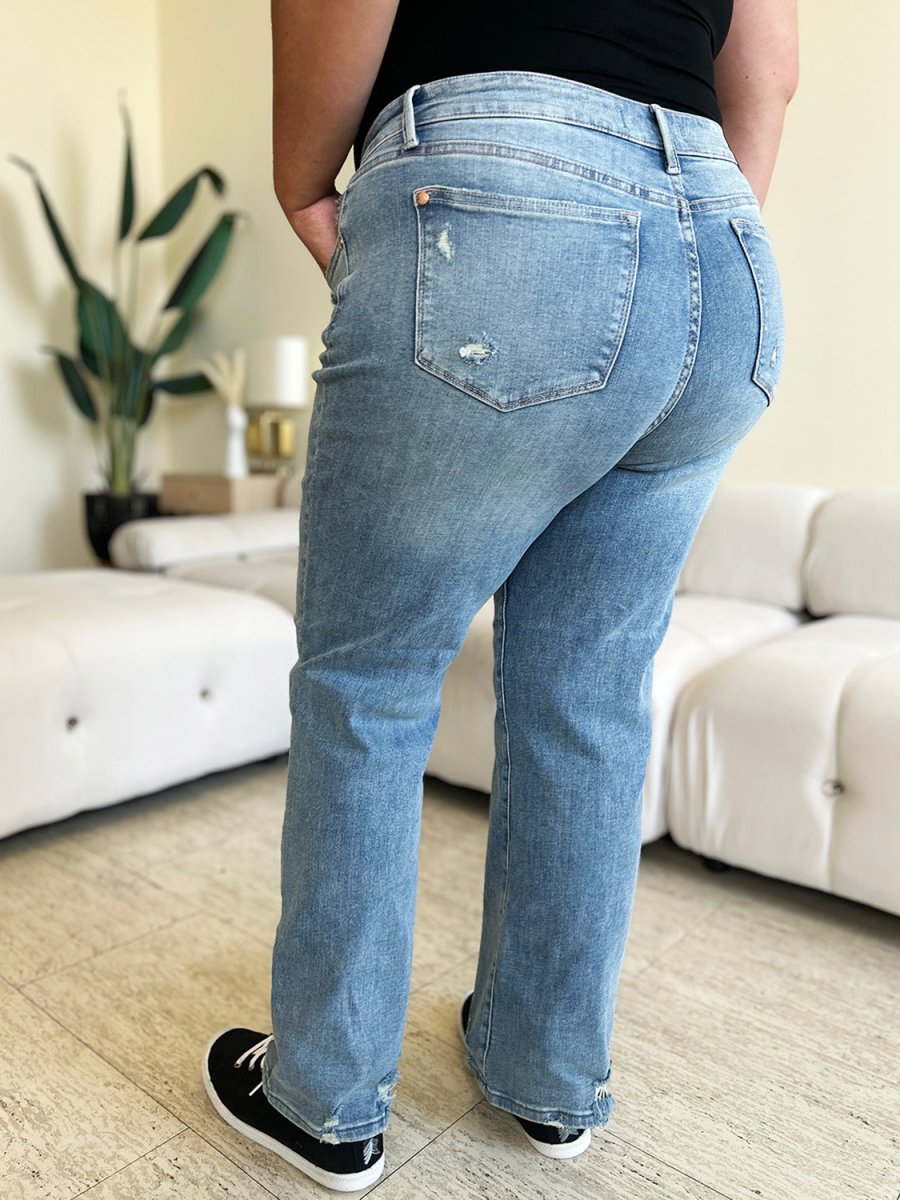 Maïa | Jean Droit Taille Haute Effet Usé avec Détails Authentiques