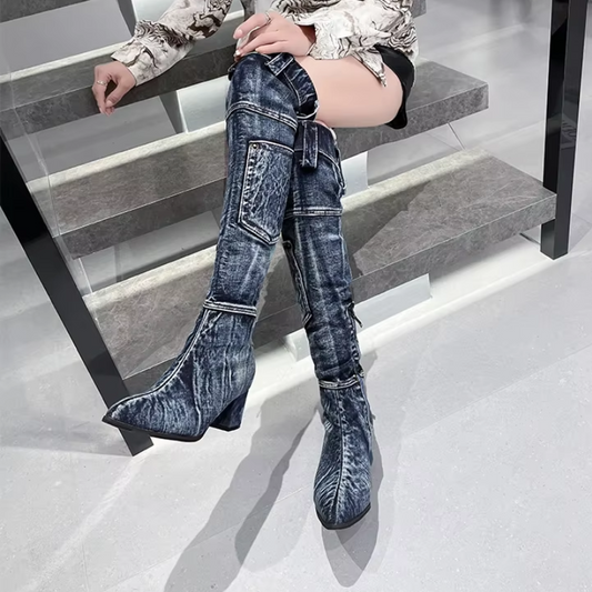 Malina | Bottes Overknee en Jean à Bout Pointu