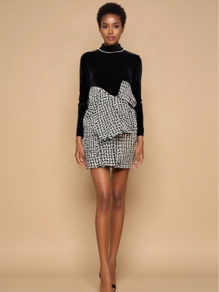Robe élégante pour femme tricotée à manches longues avec jupe à motifs