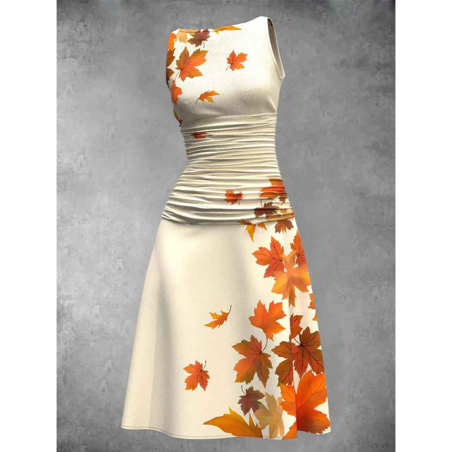 Florence | Robe d’automne à manches courtes avec imprimé feuillage et fronces élégantes