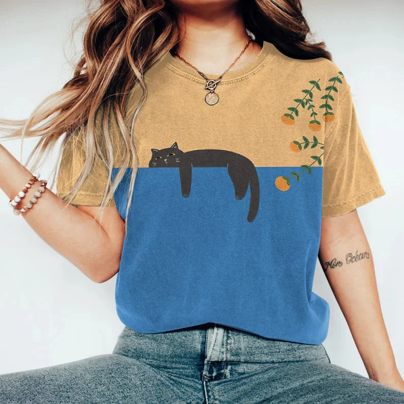 Élina | T-Shirt Bicolore pour Femme avec Motif Chat Illustré