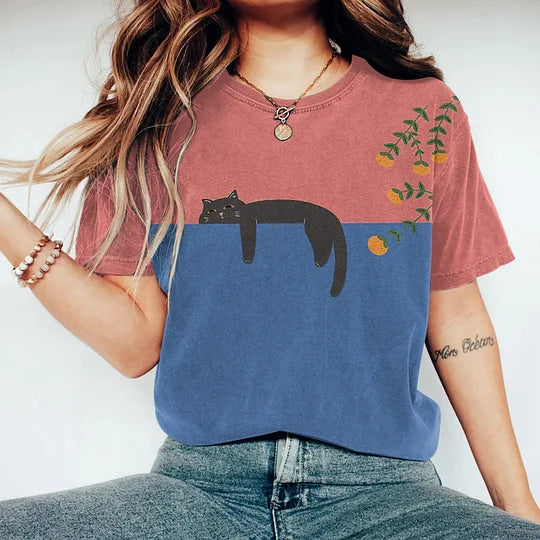 Élina | T-Shirt Bicolore pour Femme avec Motif Chat Illustré