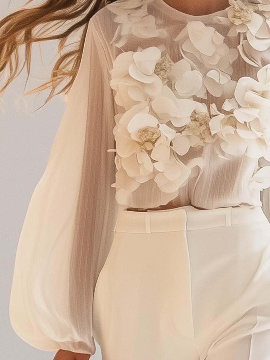 Isalène | Haut Chiffon Élégant à Motifs Floraux 3D pour Femmes